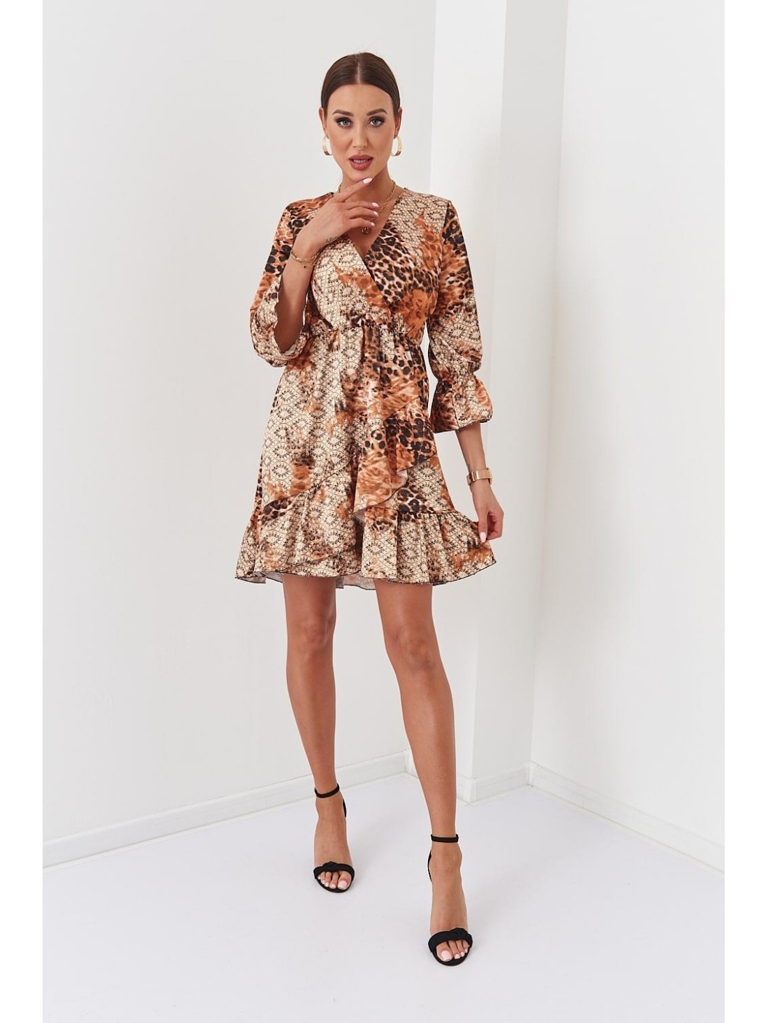 Rochie cu model negru caramel cu volane 304500 - Magazin online - Boutique